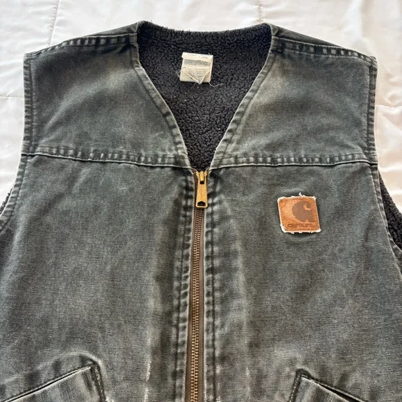 Vintage Carhartt Sherpa-Lined Vest Green Grey Fleece Work Streetwear VTG - Picture 2 of 6